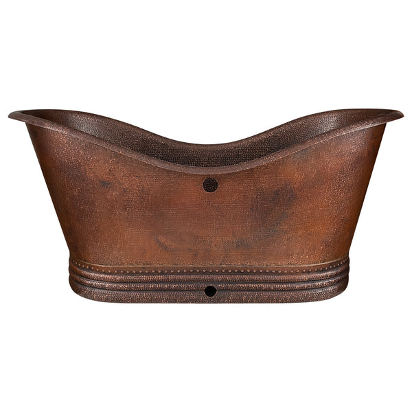 Premier Copper Products BTD67DBOF - 67" Hammered Copper Double Slipper Bathtub with Overflow Holes